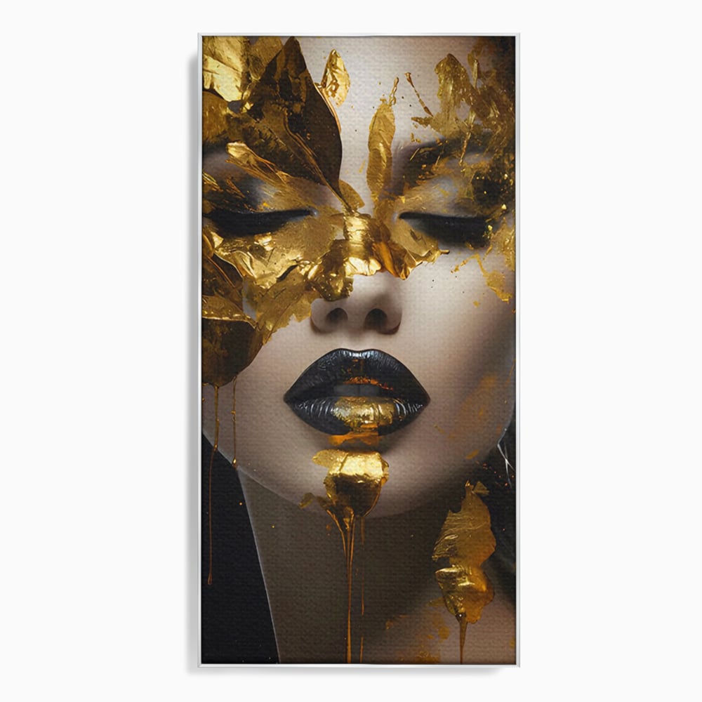 Tablou canvas cu tablou canvas cu portret femeie si foita de aur, in rama de aluminiu argintiu